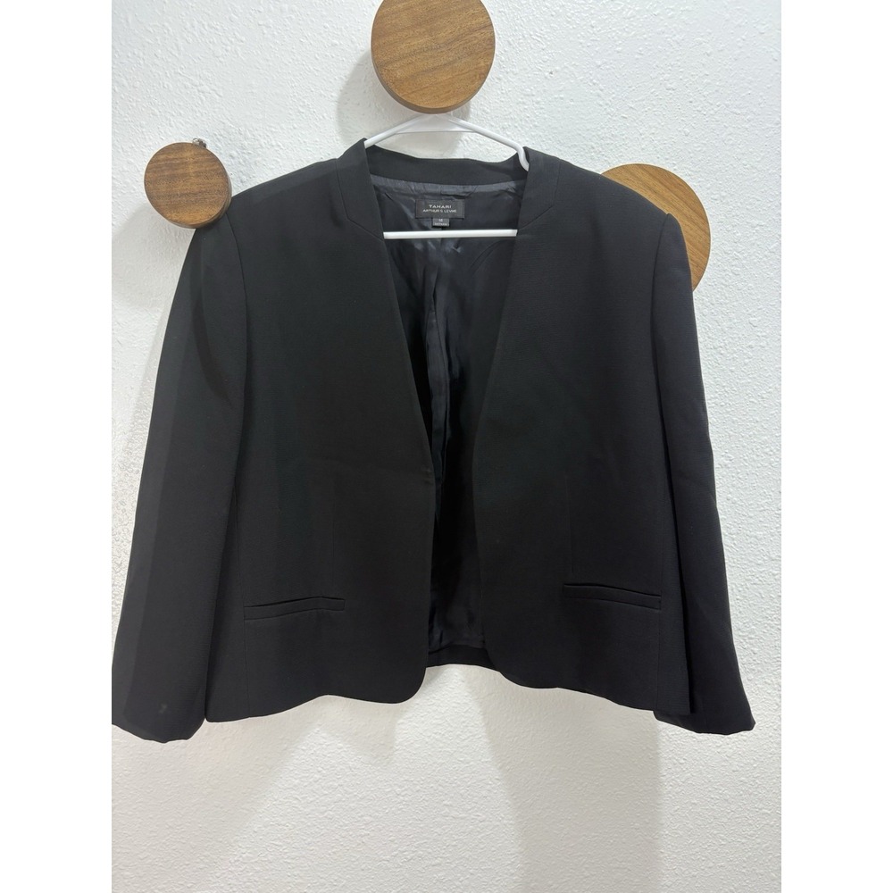 Tahari Arthur S Levine Black Open Front Cropped Blazer Jacket Womens Size 16